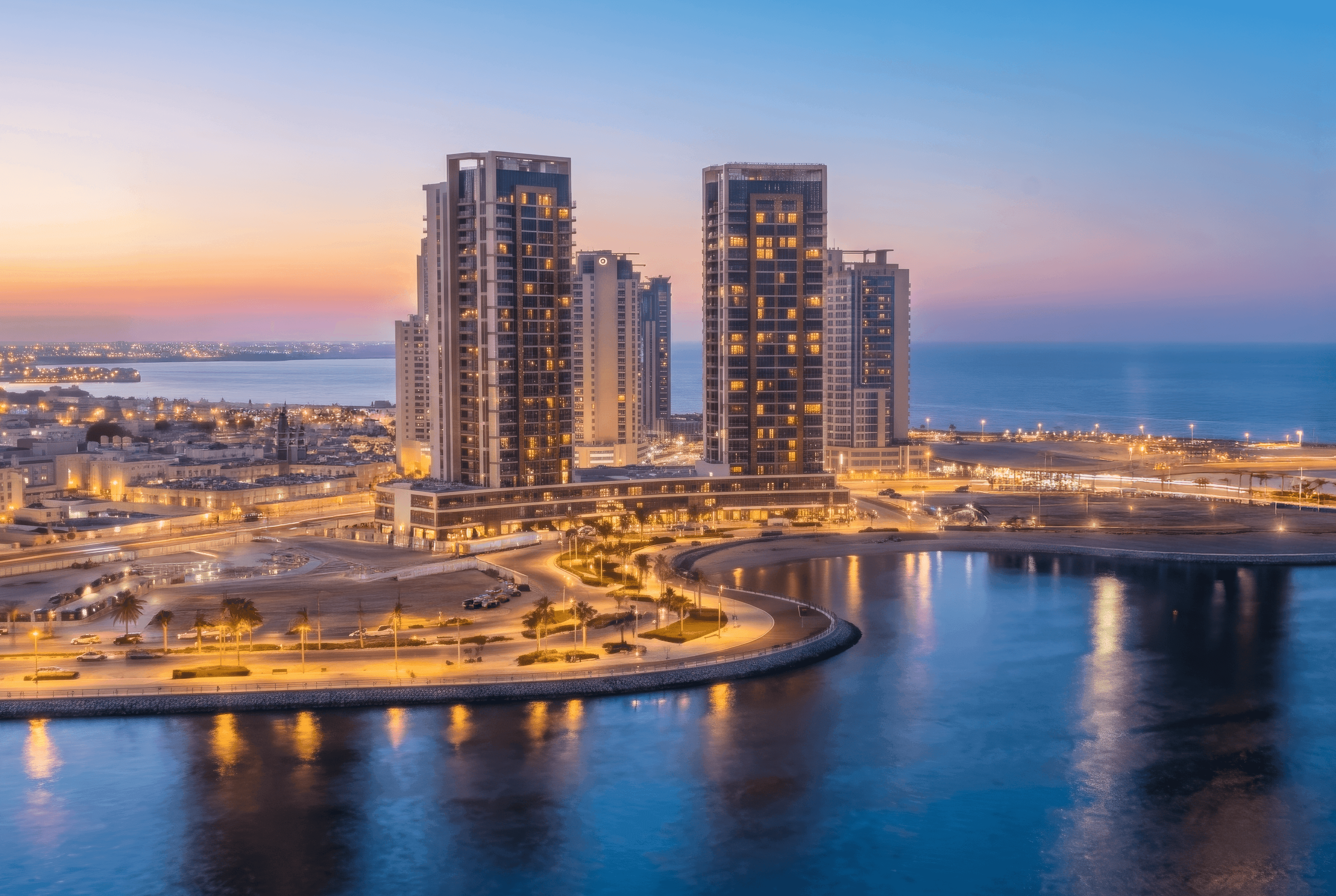Waterfront 35, twin residential towers over the water on Lusail Waterfront